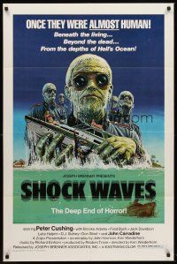 5y646 SHOCK WAVES 1sh '77 Peter Cushing, cool art of wacky ocean zombies terrorizing boat!
