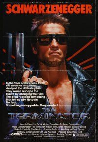 5y675 TERMINATOR 1sh '84 super close up of most classic cyborg Arnold Schwarzenegger with gun!