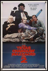 5y685 TEXAS CHAINSAW MASSACRE PART 2 family style 1sh '86 Tobe Hooper horror sequel, cast portrait!