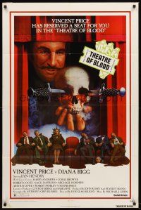 5y686 THEATRE OF BLOOD 1sh '73 great art of Vincent Price holding bloody skull w/dead audience!