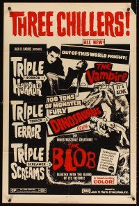 5y711 VAMPIRE/DINOSAURUS/BLOB 1sh '71 B movie chiller horror triple bill, cool artwork!