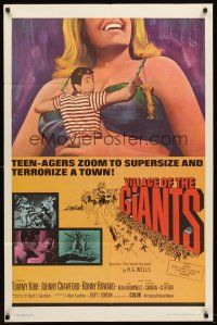 5y720 VILLAGE OF THE GIANTS 1sh '65 classic image of boy in gigantic sexy girl's cleavage!