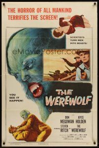 5y726 WEREWOLF 1sh '56 two great wolf-man horror images, it happens before your horrified eyes!
