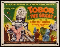 5z026 TOBOR THE GREAT linen 1/2sh '54 man-made funky robot with human emotions holding sexy girl!