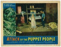 5z240 ATTACK OF THE PUPPET PEOPLE LC #7 '58 tiny man finds tiny woman trapped inside glass tube!