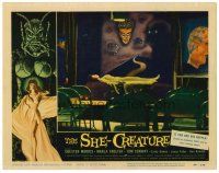 5z329 SHE-CREATURE LC #4 '56 cool image of unconscious woman laying under wacky paintings!