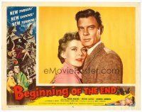6b487 BEGINNING OF THE END LC #6 '57 close up of scientist Peter Graves & pretty Peggie Castle!