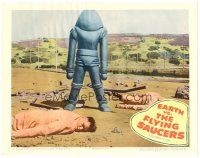 6b574 EARTH VS. THE FLYING SAUCERS LC '56 cool image of alien robot standing over dead men!