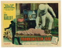 6b608 FRANKENSTEIN 1970 LC #7 '58 c/u of the monster in bandages & unconscious girl on floor!