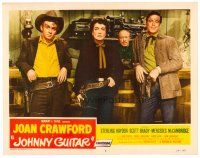 6b692 JOHNNY GUITAR LC #5 '54 Joan Crawford, Ben Cooper & Scott Brady lined up, Nicholas Ray