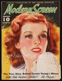 6d129 MODERN SCREEN magazine February 1936 great artwork of Katharine Hepburn by Earl Christy!