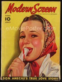 6d131 MODERN SCREEN magazine September 1937 art of Olivia De Havilland w/candy by Earl Christy!