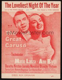 6d289 GREAT CARUSO sheet music '51 Mario Lanza & pretty Ann Blyth, Loveliest Night of the Year!