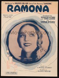 6d301 RAMONA sheet music '28 close-up of pretty smiling Dolores Del Rio, the title song!