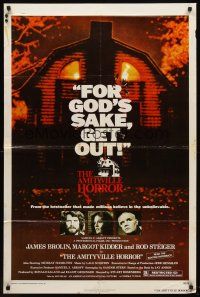 6f042 AMITYVILLE HORROR 1sh '79 great image of haunted house, for God's sake get out!