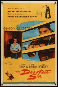6f244 DEADLIEST SIN 1sh '56 Sydney Chaplin behind bars points gun at pretty Audrey Dalton!