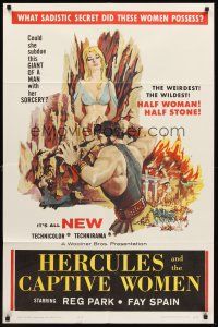 6f450 HERCULES & THE CAPTIVE WOMEN 1sh '63 cool London art of Reg Park & half woman, half stone!