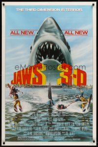 6f530 JAWS 3-D 1sh '83 great Gary Meyer shark artwork, the third dimension is terror!