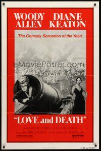 6f614 LOVE & DEATH style C 1sh '75 Diane Keaton about to fire Woody Allen out of a cannon!