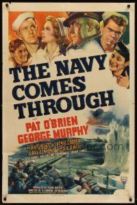 6f696 NAVY COMES THROUGH style A 1sh '42 Pat O'Brien, George Murphy, cool WWII action art!
