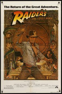 6f779 RAIDERS OF THE LOST ARK 1sh R82 great art of adventurer Harrison Ford by Richard Amsel!