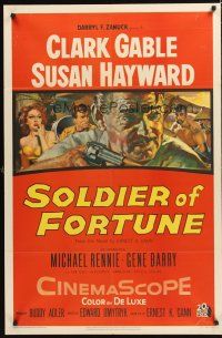 6f851 SOLDIER OF FORTUNE 1sh '55 art of Clark Gable shooting gun, plus sexy Susan Hayward!