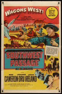 6f855 SOUTHWEST PASSAGE 1sh '54 cool image of Rod Cameron with whip, battle w/Native Americans!