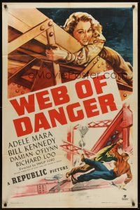 6f972 WEB OF DANGER 1sh '47 cool art of sexy Adele Mara in trouble high up in the sky!