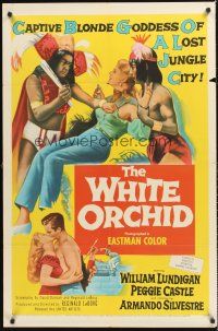 6f980 WHITE ORCHID 1sh '54 William Lundigan, Peggie Castle, wild art of tribesmen with woman!