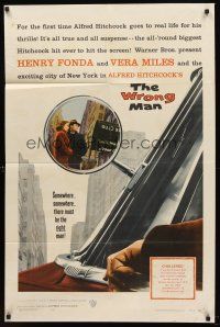 6f993 WRONG MAN 1sh '57 Henry Fonda, Vera Miles, Alfred Hitchcock, cool rear view mirror art!