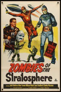 6f999 ZOMBIES OF THE STRATOSPHERE 1sh '52 great artwork image of aliens with guns!