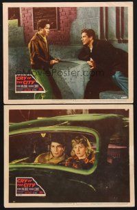 6g869 CRY OF THE CITY 2 LCs '48 film noir, Victor Mature, Richard Conte & Shelley Winters in car!