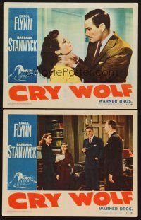 6g870 CRY WOLF 2 LCs '47 close up of angry Errol Flynn choking Barbara Stanwyck!
