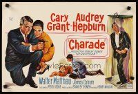 6j649 CHARADE Belgian '63 great different artwork of Cary Grant & sexy Audrey Hepburn!