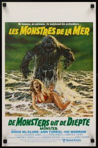 6j692 HUMANOIDS FROM THE DEEP Belgian '80 art of monster looming over sexy girl on beach!