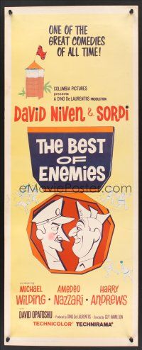 6k185 BEST OF ENEMIES insert '62 great cartoon art of WWII soldiers David Niven & Alberto Sordi!