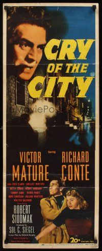 6k268 CRY OF THE CITY insert '48 film noir, c/u of Victor Mature, Richard Conte, Shelley Winters