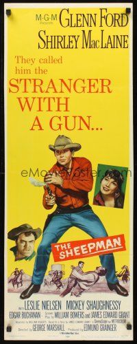 6k651 SHEEPMAN insert '58 cool art of Glenn Ford pointing smoking gun, Shirley MacLaine!