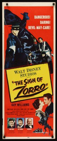 6k655 SIGN OF ZORRO insert '60 Walt Disney, cool art of masked hero Guy Williams on horseback!
