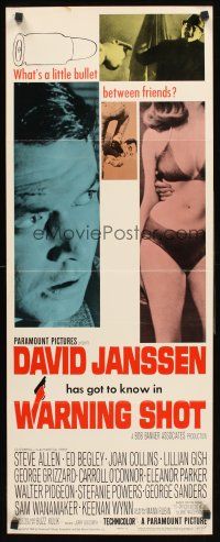 6k768 WARNING SHOT insert '66 David Janssen, Joan Collins, sexy girls, who's got the gun?