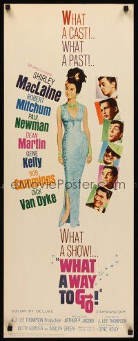 6k774 WHAT A WAY TO GO insert '64 Paul Newman, Mitchum, Dean Martin, full-length Shirley MacLaine!