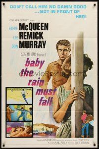 6p059 BABY THE RAIN MUST FALL 1sh '65 Steve McQueen gets in trouble & gets under Lee Remick's skin!