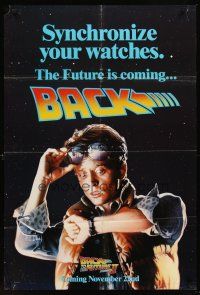 6p062 BACK TO THE FUTURE II teaser 1sh '89 art of Michael J. Fox as Marty, synchronize your watch!
