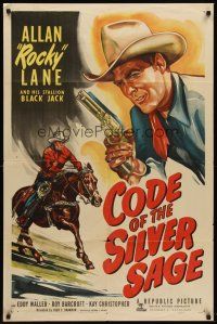 6p187 CODE OF THE SILVER SAGE 1sh '50 cowboy Rocky Lane w/six shooter & his Stallion Black Jack!