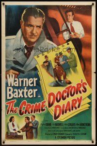 6p203 CRIME DOCTOR'S DIARY 1sh '49 cool art of detective Warner Baxter with gun!