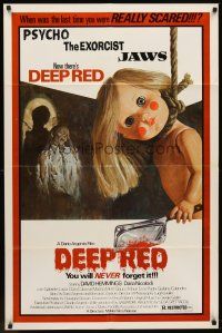 6p223 DEEP RED 1sh '77 Dario Argento, creepy artwork of doll with cleaver hanging from noose!