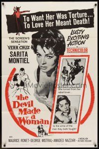 6p230 DEVIL MADE A WOMAN 1sh '61 super close up of sexiest Sara Montiel, to love her meant death!