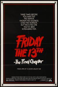 6p341 FRIDAY THE 13th - THE FINAL CHAPTER 1sh '84 Part IV, slasher sequel, Jason's unlucky day!