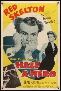 6p392 HALF A HERO 1sh '53 great image of Red Skelton in double trouble, sexy Jean Hagen!