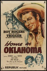 6p421 HOME IN OKLAHOMA 1sh '46 great headshort art of Roy Rogers, plus Dale Evans & Gabby!